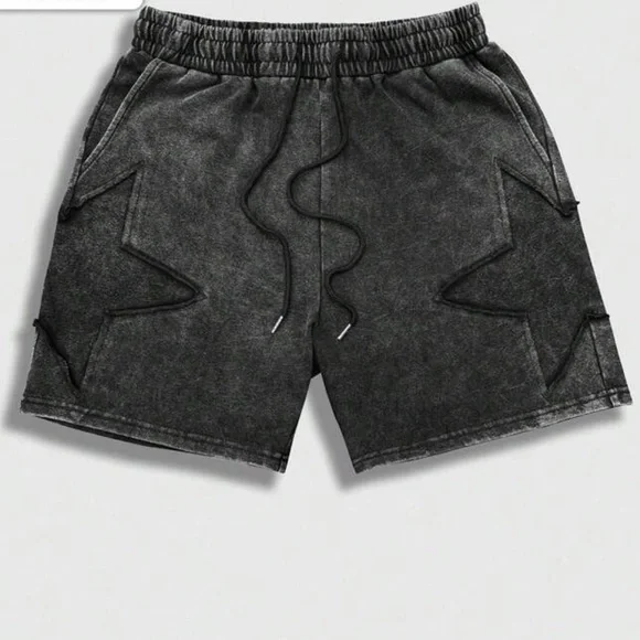 Men’s Unisex Star Twill Patch Pattern Black Acid Wash Drawstring Casual Shorts - Picture 2 of 2